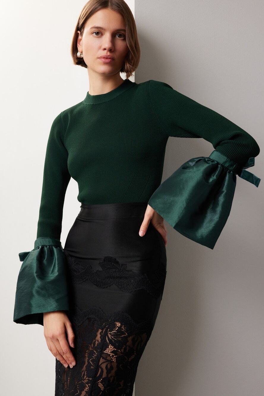 Simkhai Agata Dark Green Flared Bell Cuff Long Sleeve Crewneck Sweater Top Small